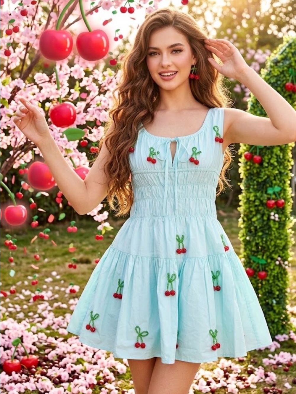New! QUEEN OF SPARKLES Mint Rhinestone Cherry Sleeveless Mini Dress